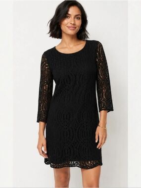 J.Crew Black Lace 3/4 Sleeve Scalloped Hem Shift Dress Size 10
